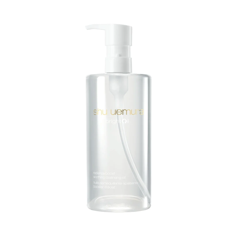 A clear, cylindrical 450ml bottle of Shu Uemura brightOil soothing cleansing oil.